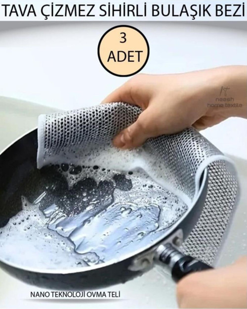 3 Adet Çift Katlı Çizmez Ovma Bulaşık Teli, Inox Tel Bez, Çizmez Teflon Çizmez Tava Çizmez
