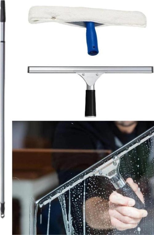 Full Cam Yıkama Silme Seti 3 Metre Uzatmalı Teleskobik Sap 45Cm Mikrofiber Peluş Metal Cam Çekpası