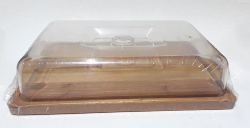 Ahşap Tabanlı Plastik Cam Kapaklı 22X32X7 Boyutlarında Dikdörtgen Kek Ve Yaş Pasta Saklama Kabı