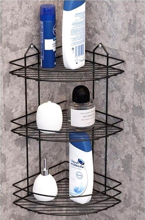 Silikon Kaplı Paslanmaz Çelik Siyah Banyo Köşesi 3 Kat Şampuanlık 21X21X52Cm Metal Banyo Raf Sistemi