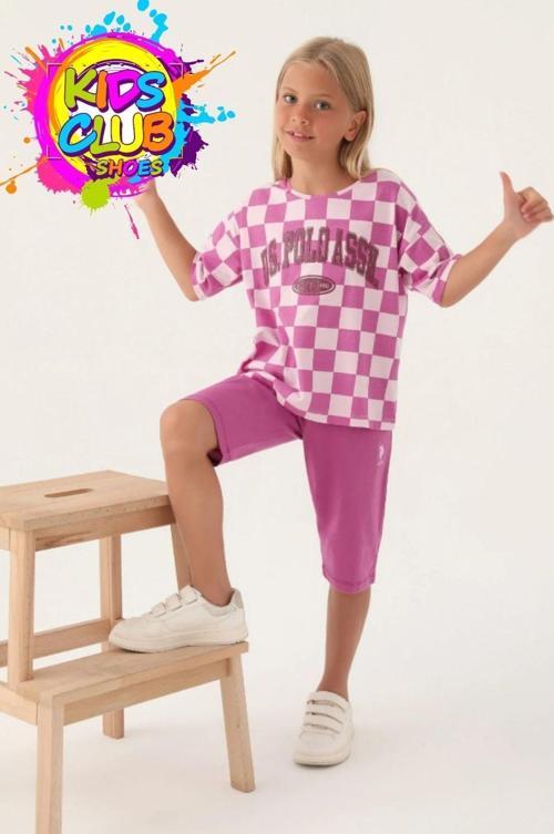 Lisanslı US1811 Plaid T-Shirt ve Kapri Alt Üst Kız Çocuk Takımı