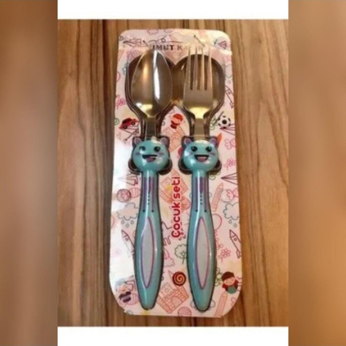 Paslanmaz Çelik Çocuk Kaşık Ve Çatal Seti Mavi Kedi Modeli