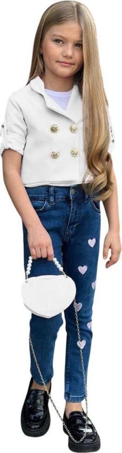 Kız Çocuk Gümüş Düğme Detaylı Beyaz Blazer Ceket Kalp Detaylı Jean Pantolon Alt Üst Takım 2251205015