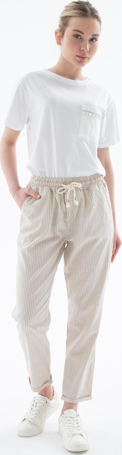 Rahat Lastikli Çizgili Pantolon Bej