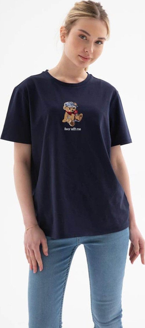 Ayıcık Nakışlı Bisiklet Yaka Lacivert Kadın T-Shirt 25Y1000K1