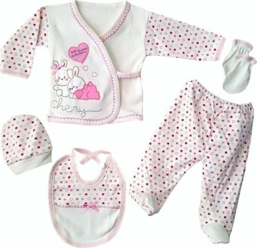 Mdrandy %100 Pamuk 5'Li Pembe Kız Bebek Hastane Çıkışı Yenidoğan Zıbın Set
