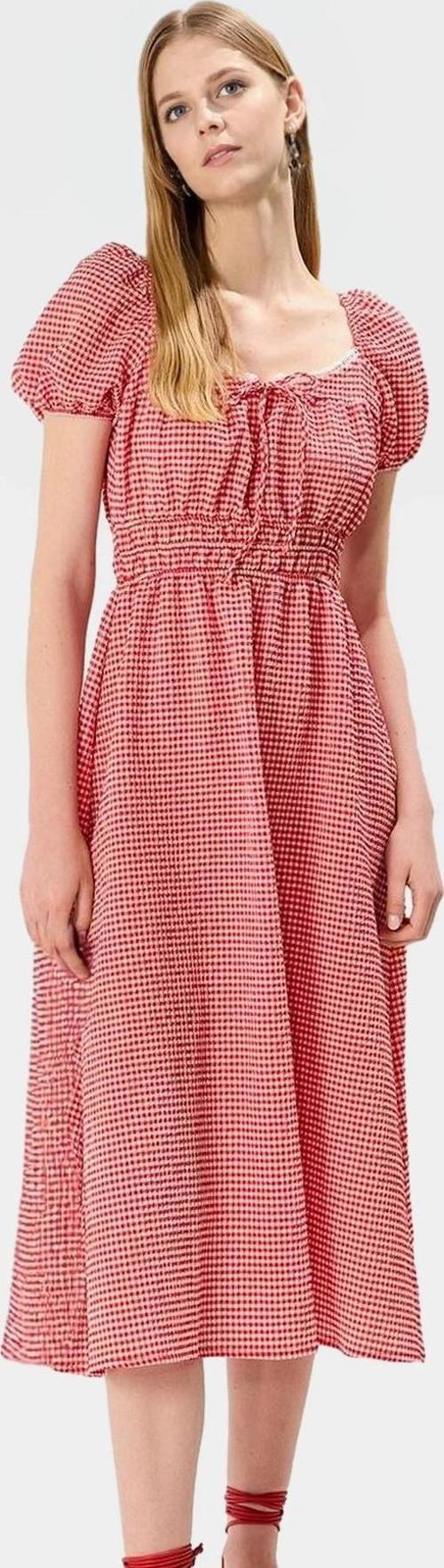 Yazlık Ekose A Kesim Midi Elbise Dantel Detaylı Balon Kol Uzun Ömürlü Modern Stil