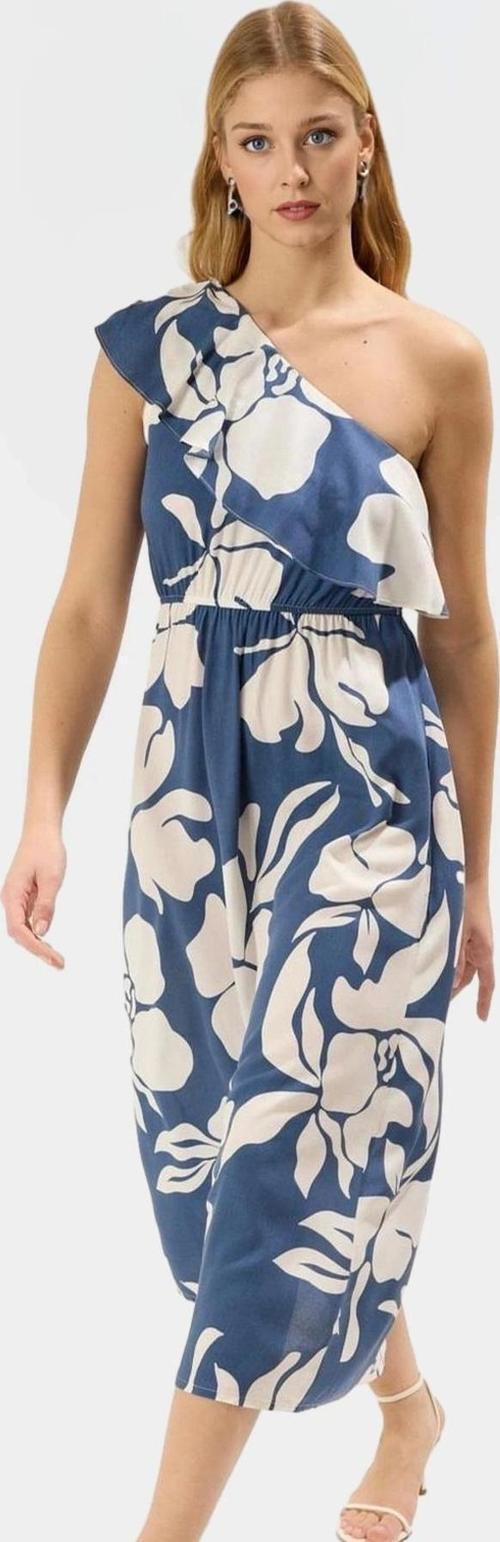 Yazlık Çiçekli Midi Elbise Asimetrik Yaka Viskoz Kumaş Günlük Şık Özel Tasarım