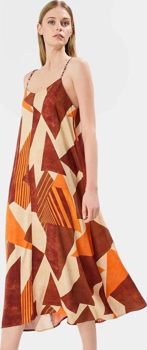 Yazlık Geometrik Desenli Midi Elbise Viskoz Kumaş Günlük Şık Tarz Modern Stil Trend Tasarım