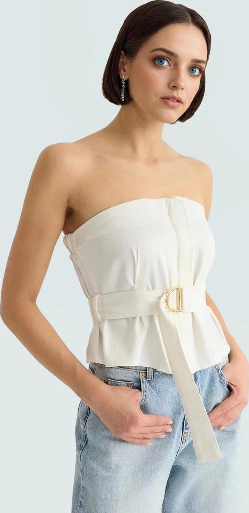 Straplez Fitted Gabardin Bluz Kemer Detaylı Yazlık Günlük Şık Görünüm Dayanıklı Malzeme