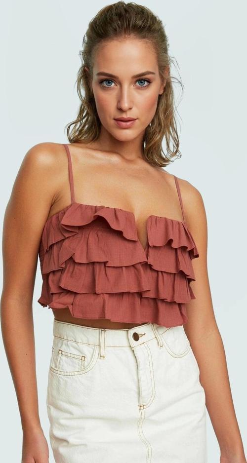 Yazlık Crop Bluz Katlı Fırfır Detay Pamuklu Dokuma Kumaş Plaj ve Günlük Stil Rahat Kullanım