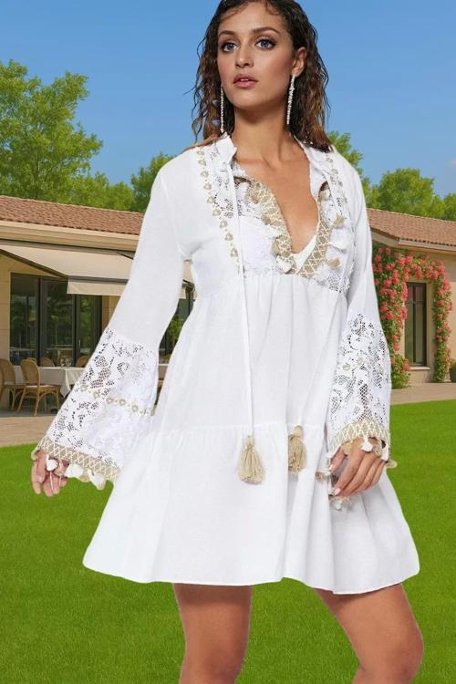 Yazlık Plaj Elbisesi V Yaka Dantelli Uzun Kollu Pamuklu Mini Elbise Kaliteli İşçilik Rahat Kullanım