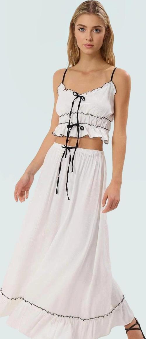 Yazlık Kadın Plaj Bluz Etek Takımı İnce Askılı Viskoz Polyester Trend Tasarım Rahat Kullanım