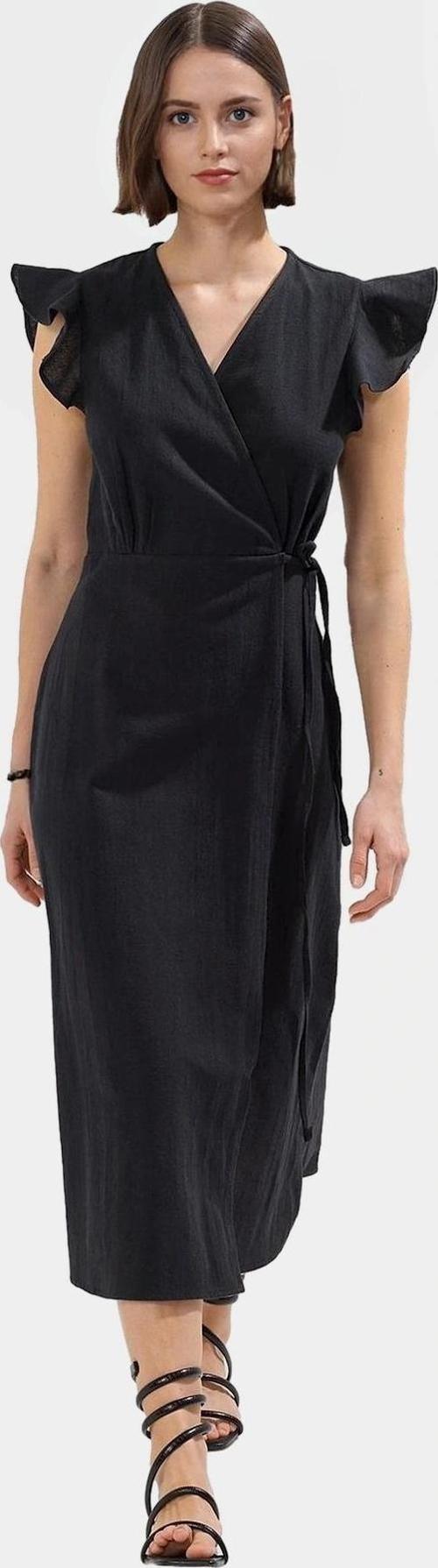 Yazlık Keten Görünümlü Midi Elbise Kruvaze V Yaka Kısa Kollu Tasarım Yüksek Kalite Dayanıklı Malzeme