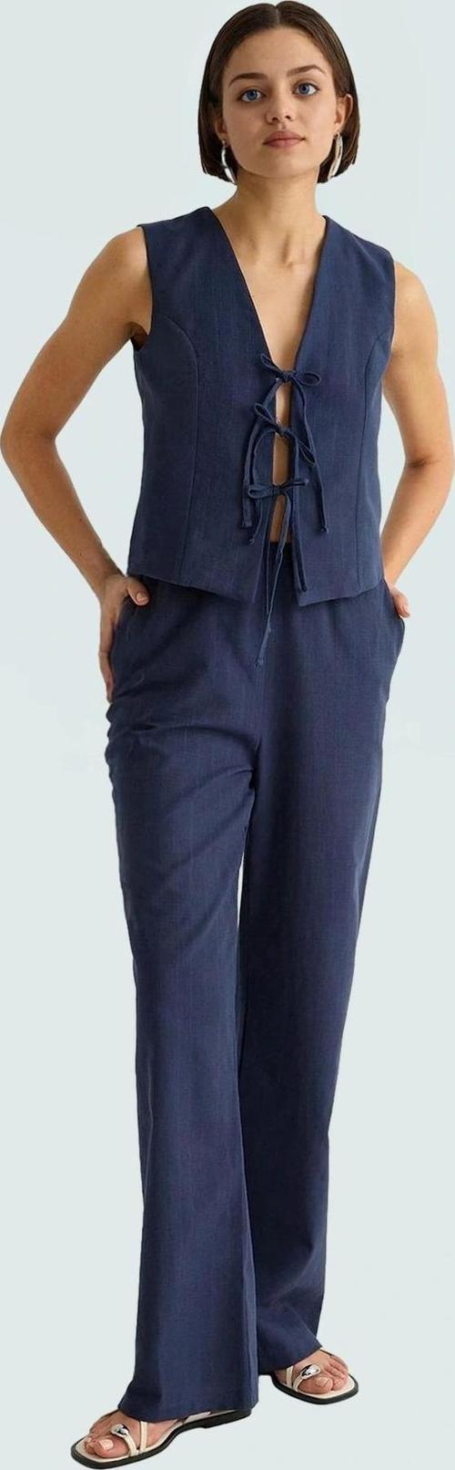 Kadın Keten Görünümlü Bağlamalı Bluz Ve Geniş Paça Pantolon Takım Konforlu Kesim Seçkin Malzeme