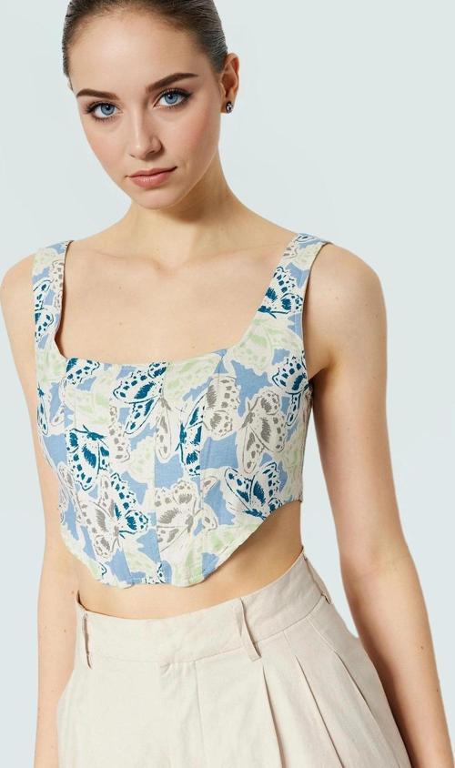 Çiçekli Desenli Crop Bluz Fitted Kalıp Dokuma Kumaş Yazlık Şık Görünüm