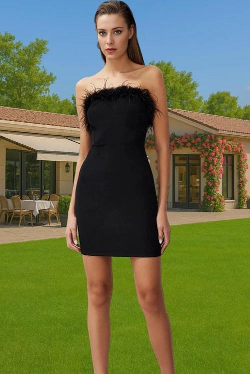 Şık Mini Boy Straplez Tüy Detaylı Finike Dokuma Abiye Elbise Zarifane Tasarım Premium Kalite