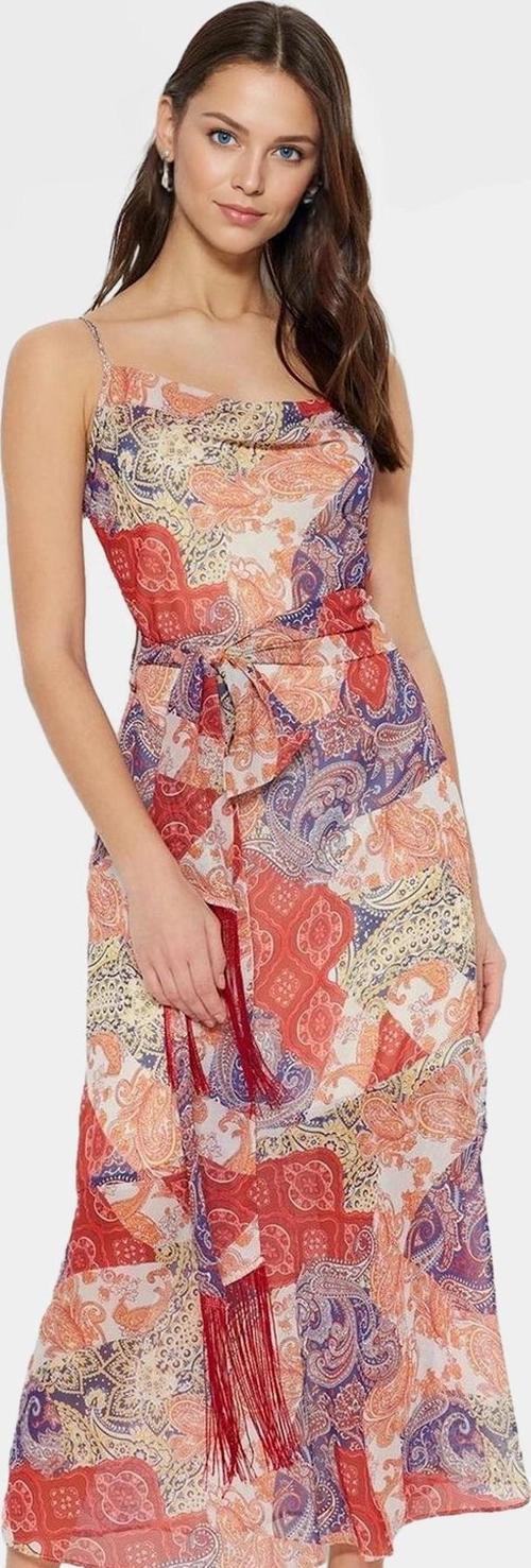 Maxi Şifon Elbise Etnik Desenli A line Kesim Kuşaklı Profesyonel Görünüm Seçkin Malzeme