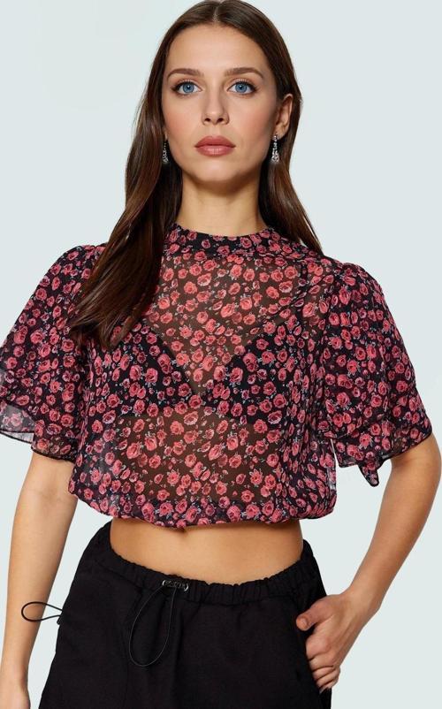 Şifon Kumaşlı Çiçek Desenli Bisiklet Yaka Crop Bluz Yazlık Casual Özel Tasarım Uzun Ömürlü