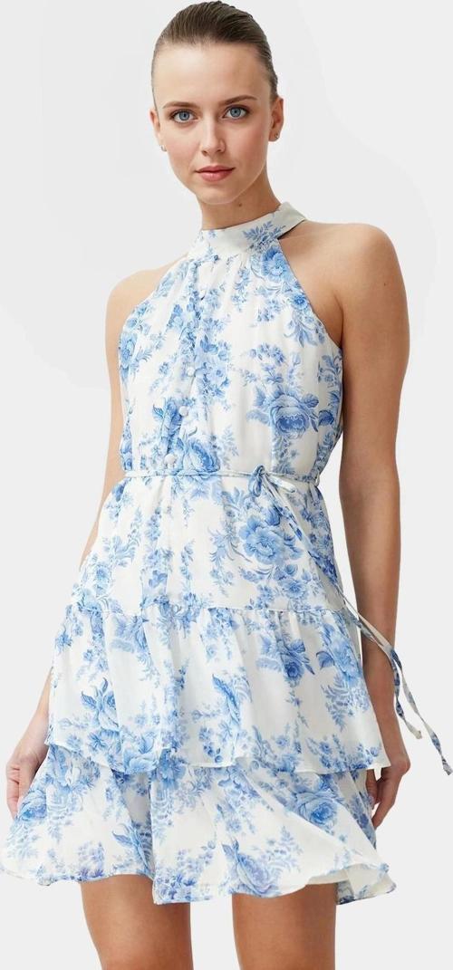 Çiçekli Desenli Halter Yaka Mini Elbise Hafif Polyester Kumaş Yazlık Günlük Şık Görünüm