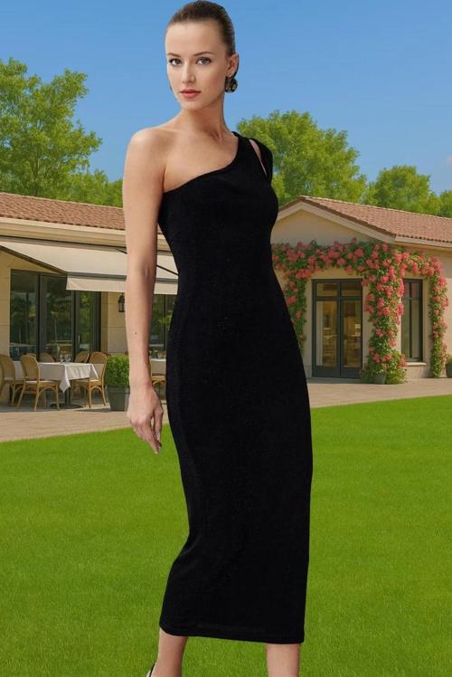 Asimetrik Yaka Maxi Örme Elbise Poliamid Karışımlı Yazlık Modern Stil Özel Tasarım Mükemmel Uyum