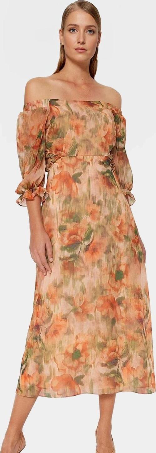 Maxi Şifon Elbise Çiçekli Desen A line Truvakar Kol Kemersiz Uzun Ömürlü Trend Tasarım