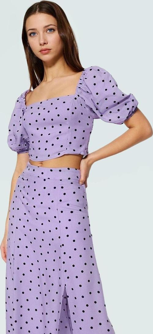 Şık Puantiyeli Viskoz Bluz Etek Takım Fitted Kalıp Yazlık Trend Tasarım Dayanıklı Malzeme