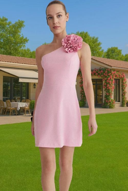 Şık A Kesim Mini Abiye Elbise Dokuma Kumaş Gül Detaylı Zarifane Tasarım Yüksek Kalite Premium Kalite