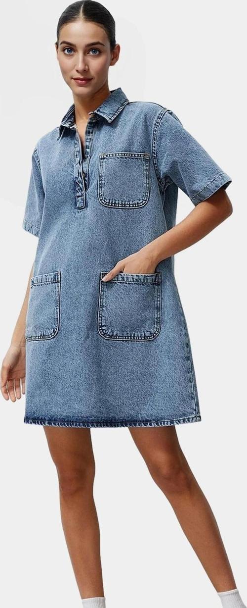 Kadın Denim Gömlek Elbise Kısa Kollu Mini Boy Pamuk Günlük Mükemmel Uyum Konforlu Kesim