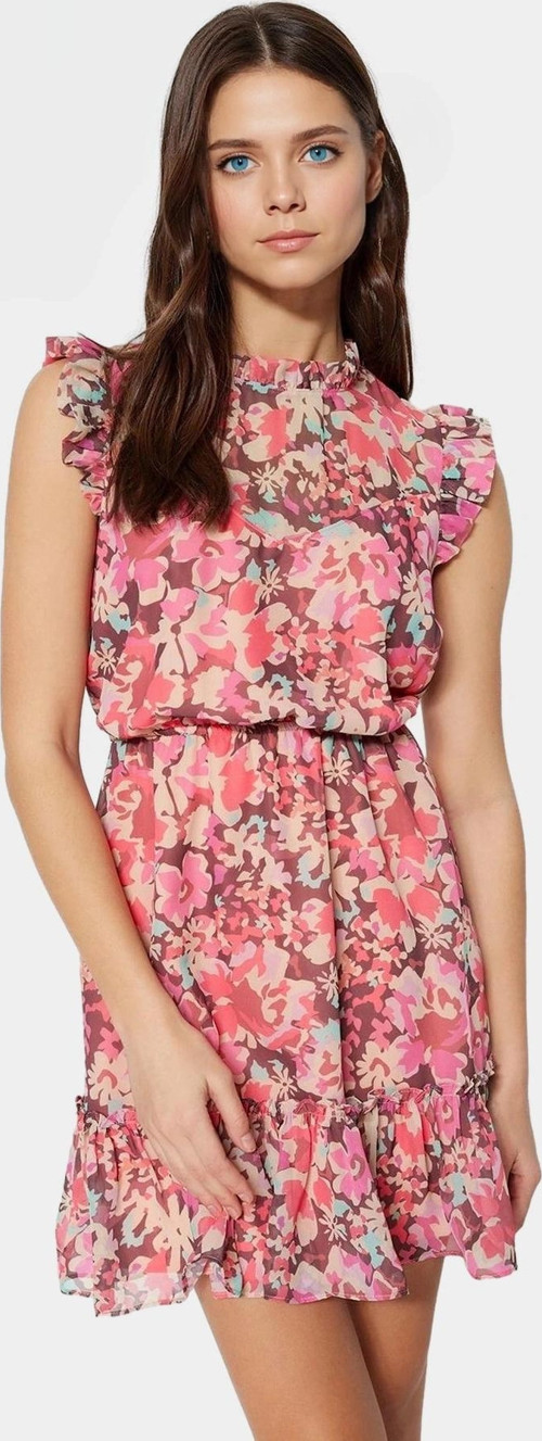 Çiçekli Mini Elbise Dokuma Polyester Yazlık Gündüz Elbisesi Rahat Kullanım