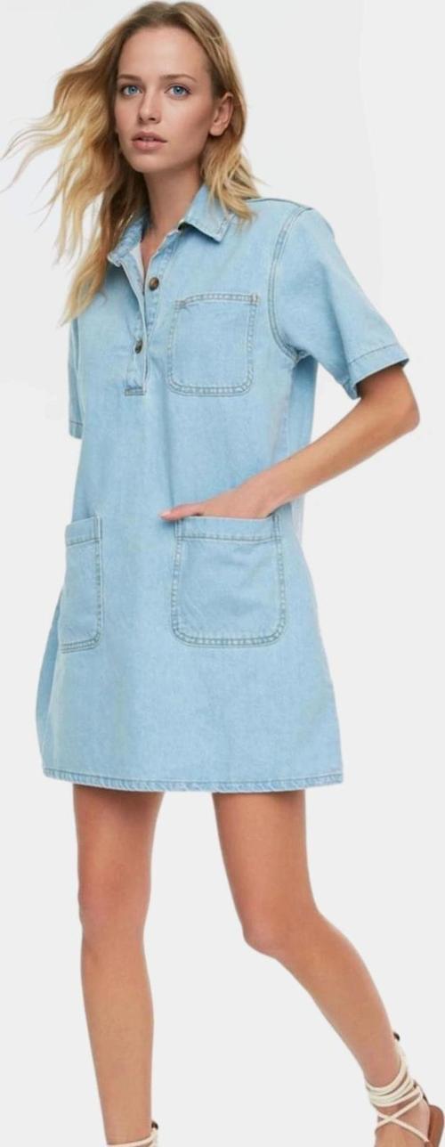 Kadın Denim Gömlek Elbise Kısa Kollu Mini Boy Pamuk Günlük Mükemmel Uyum Konforlu Kesim