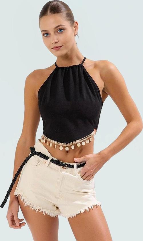 Keten Karışımlı Kolsuz Plaj Bluz Hakim Yaka Aksesuarlı Yazlık Modern Stil Uzun Ömürlü