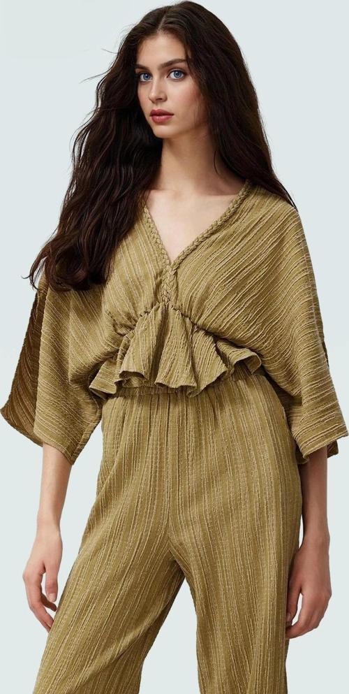 Keten Karışımlı Dokuma Bluz V Yaka Kısa Kollu Rahat Yazlık Profesyonel Görünüm Kullanım