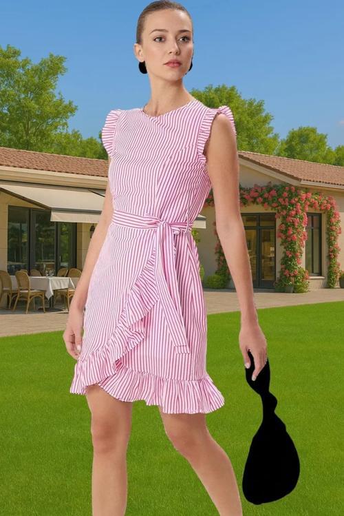 Çizgili Mini Poplin Elbise A line Bel Kuşağı Yazlık Günlük Rahat Kullanım Özenle Seçilmiş