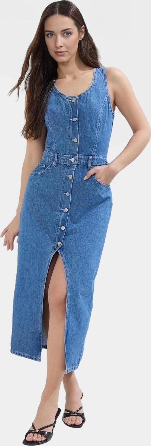 Yazlık Denim Midi Elbise Kolsuz Havuz Yaka Pamuk Casual Özenle Seçilmiş Dayanıklı Malzeme