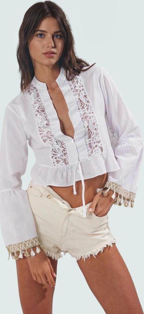 Yazlık Kadın Dokuma Bağlamalı Plaj Bluz Özel Tasarım Modern Stil Dayanıklı Malzeme