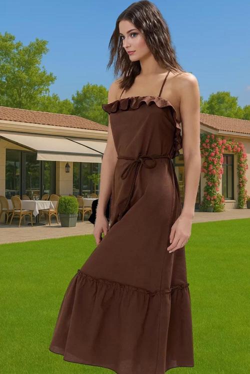 Maxi Dokuma Pamuklu A line Plaj Elbisesi Volanlı Detay Yazlık Mükemmel Uyum Modern Stil