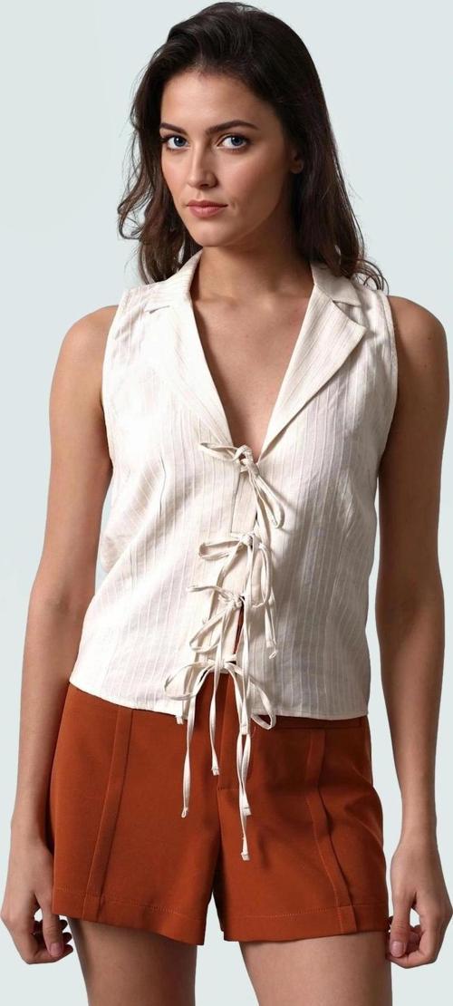 Yazlık Keten Görünümlü Kolsuz Bluz Regular Kalıp Önü Bağcıklı Modern Stil Özenle Seçilmiş