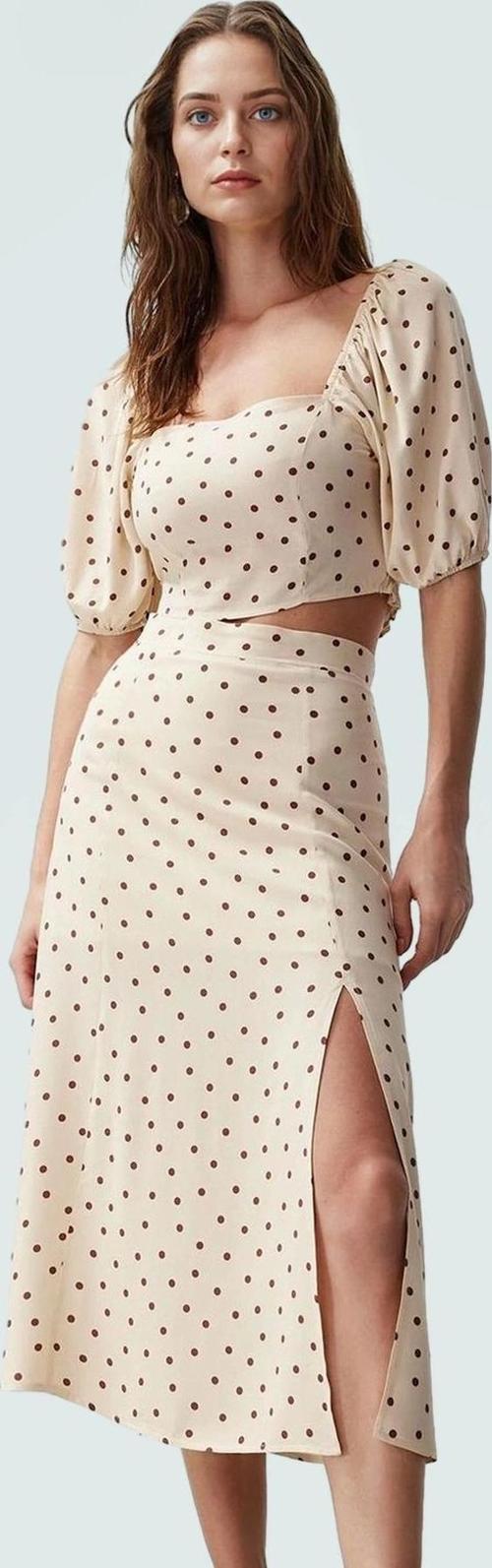 Şık Puantiyeli Viskoz Bluz Etek Takım Fitted Kalıp Yazlık Trend Tasarım Dayanıklı Malzeme