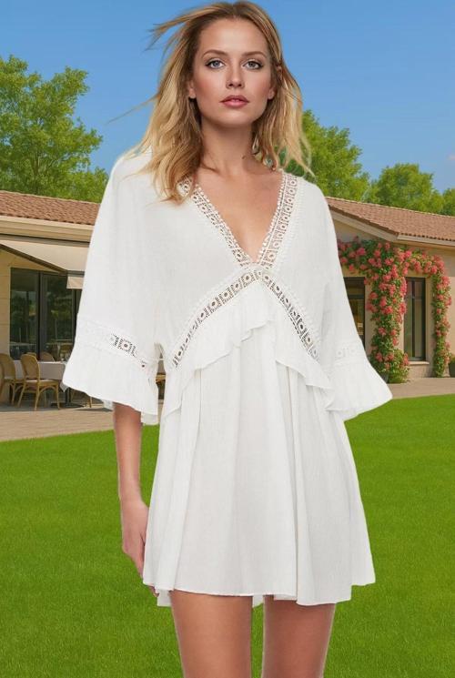 Kadın Mini Plaj Elbisesi V Yaka Büzgülü Kol Crinkle Dokuma Yazlık Zarifane Tasarım Modern Stil