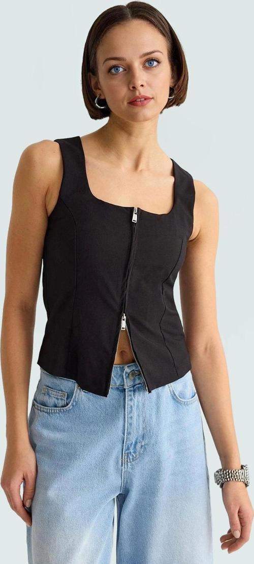 Kadın Fermuarlı Kolsuz Fitted Bluz Günlük Şık Tasarım Zarifane Profesyonel Görünüm