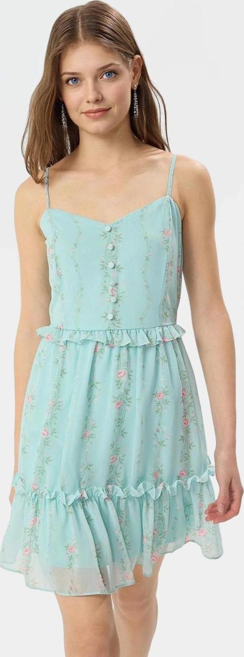 Yazlık Çiçekli Mini Şifon Elbise Astarlı Kalp Yaka Dokuma Dayanıklı Malzeme Modern Stil