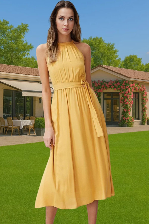 A Kesim Halter Yaka Midi Viskoz Elbise Kuşaklı Günlük Yaz Günlük Kullanım İçin Trend Tasarım