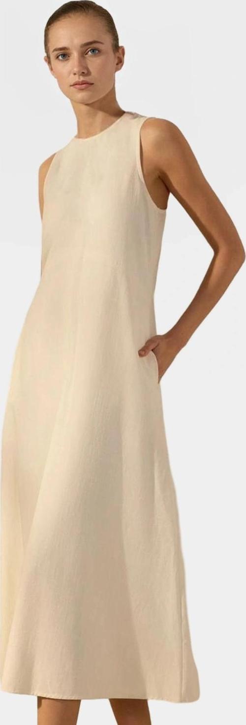 Yazlık Midi Keten Karışımlı Elbise Dikiş Detaylı Shift Kalıp Premium Kalite