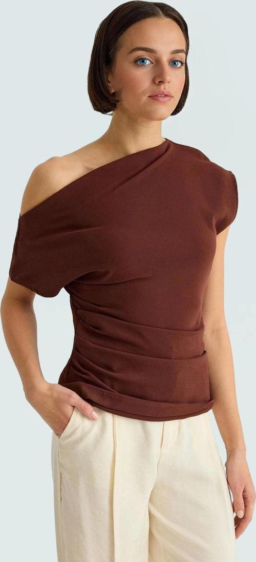 Kayık Yaka Tek Kol Krep Dokuma Bluz Şık Gece Kombinleri İçin Uzun Ömürlü Zarifane Tasarım