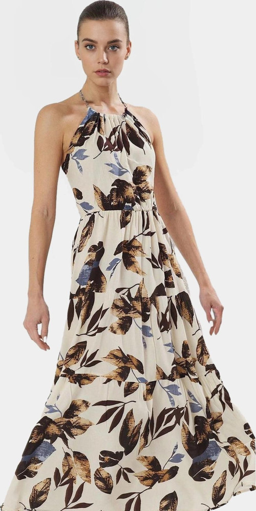 Yazlık Çiçekli A Line Halter Yaka Maxi Elbise Viskoz Kumaştan Rahat Günlük Stil Kullanım