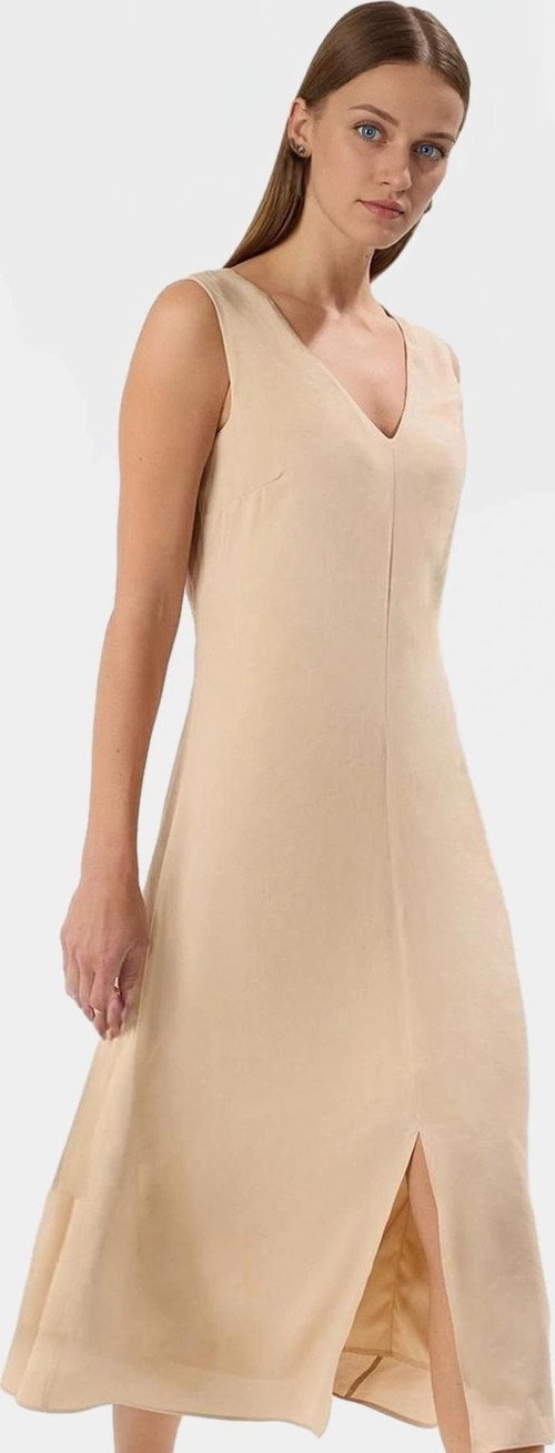 Şık Midi Boy V Yaka Düz Kesim Polyester Elbise Günlük Stil Uzun Ömürlü Kaliteli İşçilik