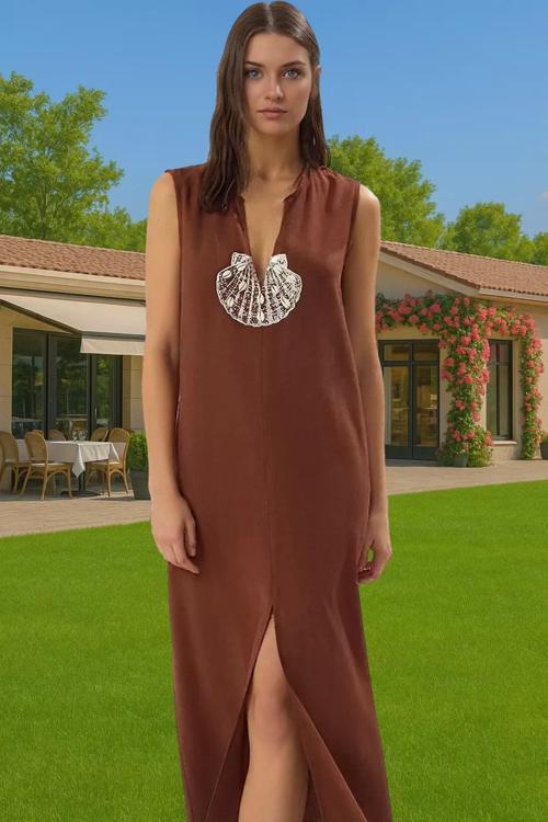 Maxi Keten Görünümlü Tek Kol Plaj Elbisesi Aksesuarlı Yazlık Özenle Seçilmiş Mükemmel Uyum