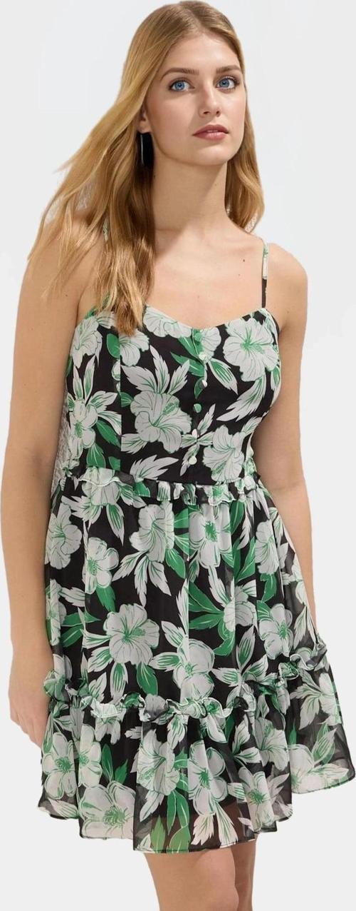 Yazlık Çiçekli Mini Şifon Elbise Astarlı Kalp Yaka Dokuma Dayanıklı Malzeme Modern Stil
