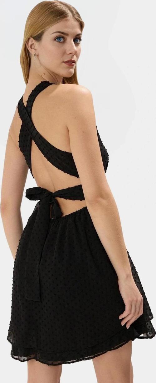 Yazlık Mini Puantiyeli Şifon Elbise Boyundan Bağlamalı Yaka Şık Görünüm Profesyonel